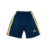 Bermuda Neo Strike azul marinho do Colégio Objetivo, com detalhes em amarelo e branco, bordado da logomarca na parte frontal, confeccionada em poliéster, ideal para uso escolar.