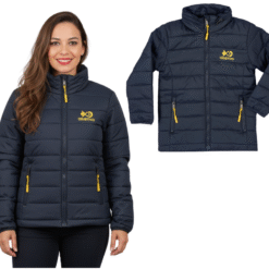 Jaqueta Ultrasoft azul marinho com detalhes amarelos, uniforme unissex do Colégio Objetivo, com zíper frontal